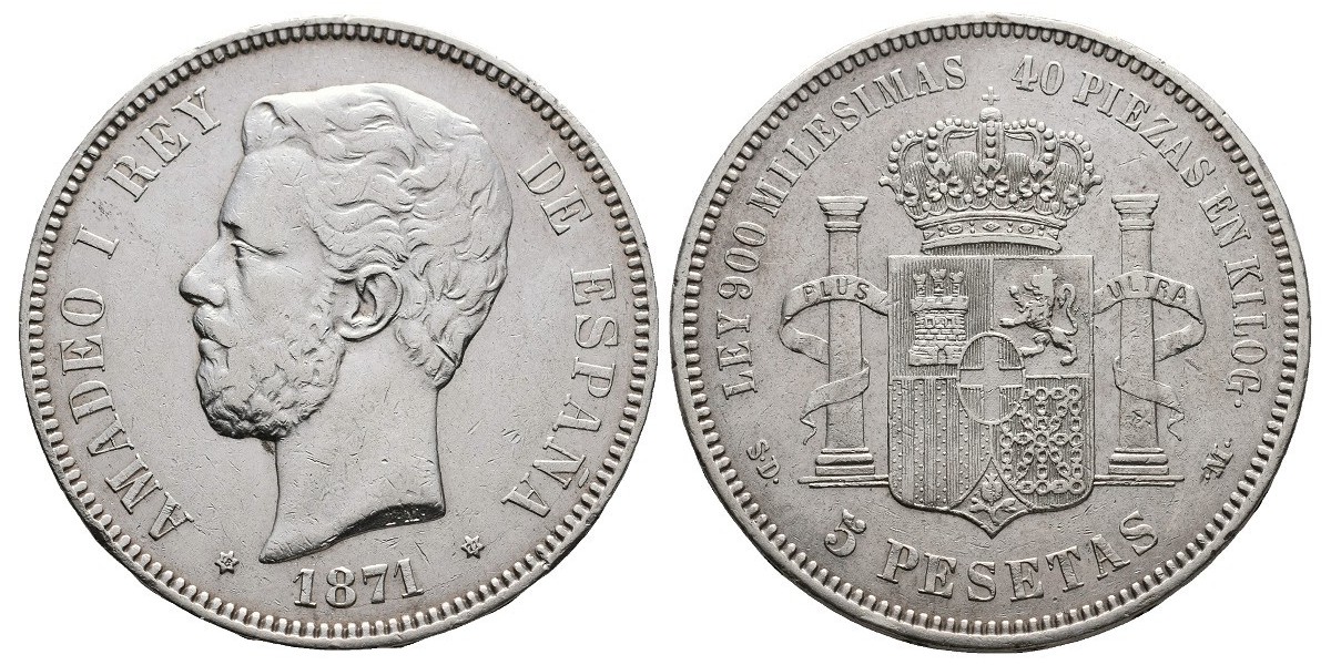 Amadeo I. 5 pesetas. 1871*18-71. Madrid