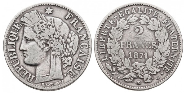 Francia. 2 francs. 1871 K larga