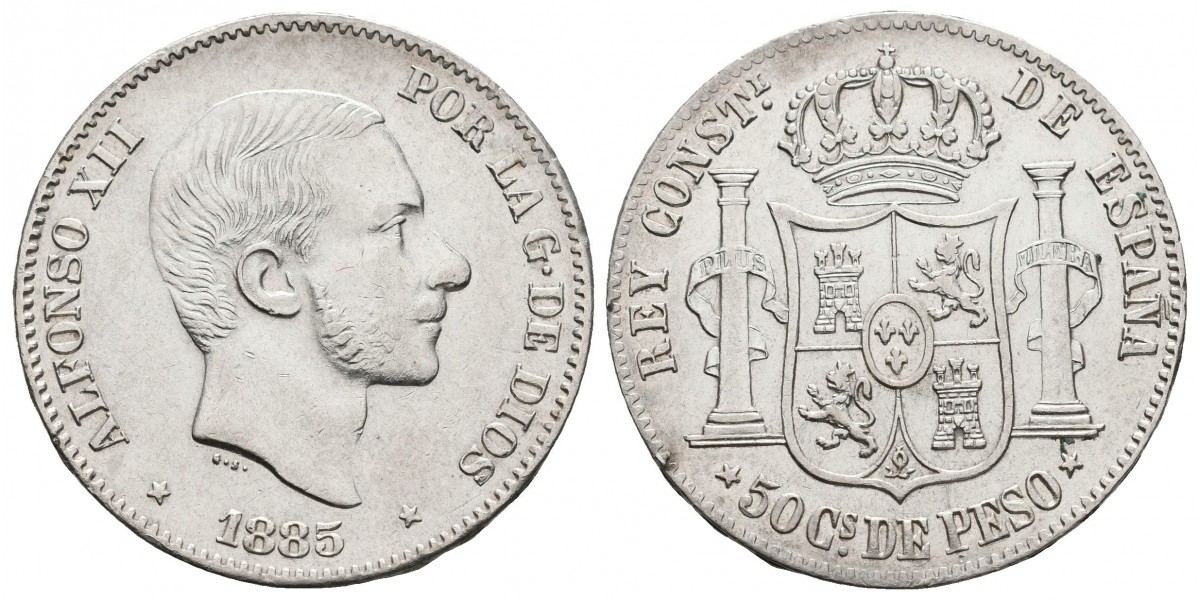 Alfonso XII. 50 centavos. 1885. Manila