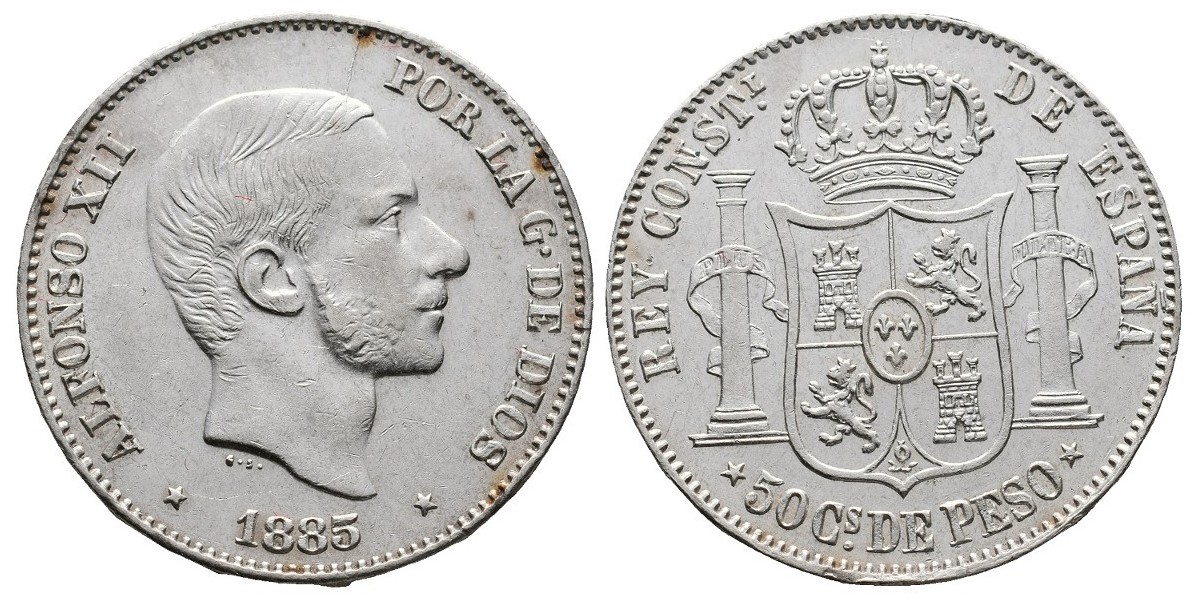 Alfonso XII. 50 centavos. 1885. Manila
