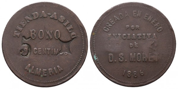 Tiendas Asilo. 5 céntimos. 1886