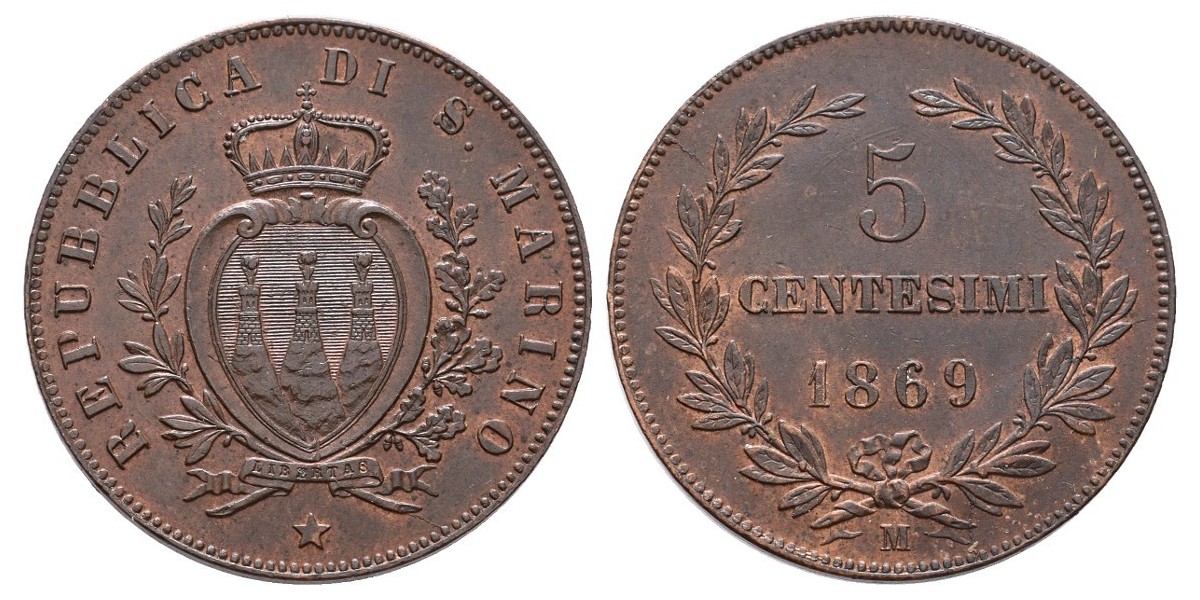 San Marino. 5 centesimi. 1869 M