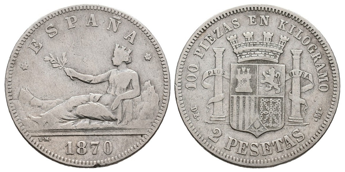 Gobierno Provisional y I Rep.. 2 pesetas. 1870*-74. Madrid