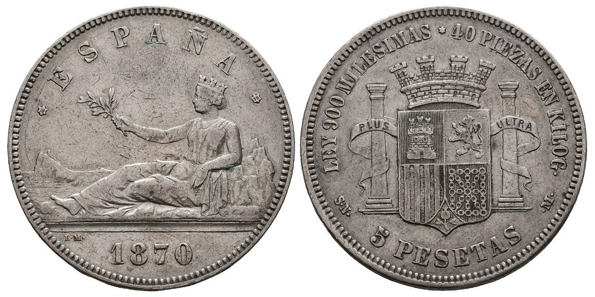 Gobierno Provisional y I Rep.. 5 pesetas. 1870*18-70. Madrid