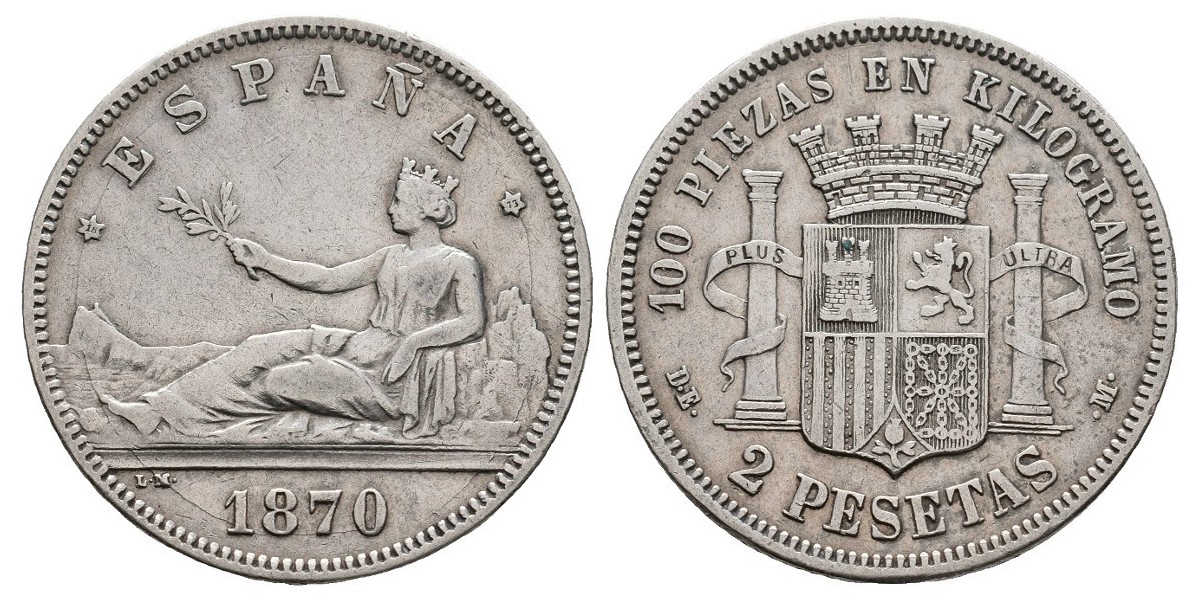 Gobierno Provisional y I Rep.. 2 pesetas. 1870*18-73. Madrid