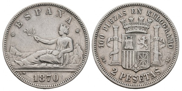 Gobierno Provisional y I Rep.. 2 pesetas. 1870*18-73. Madrid