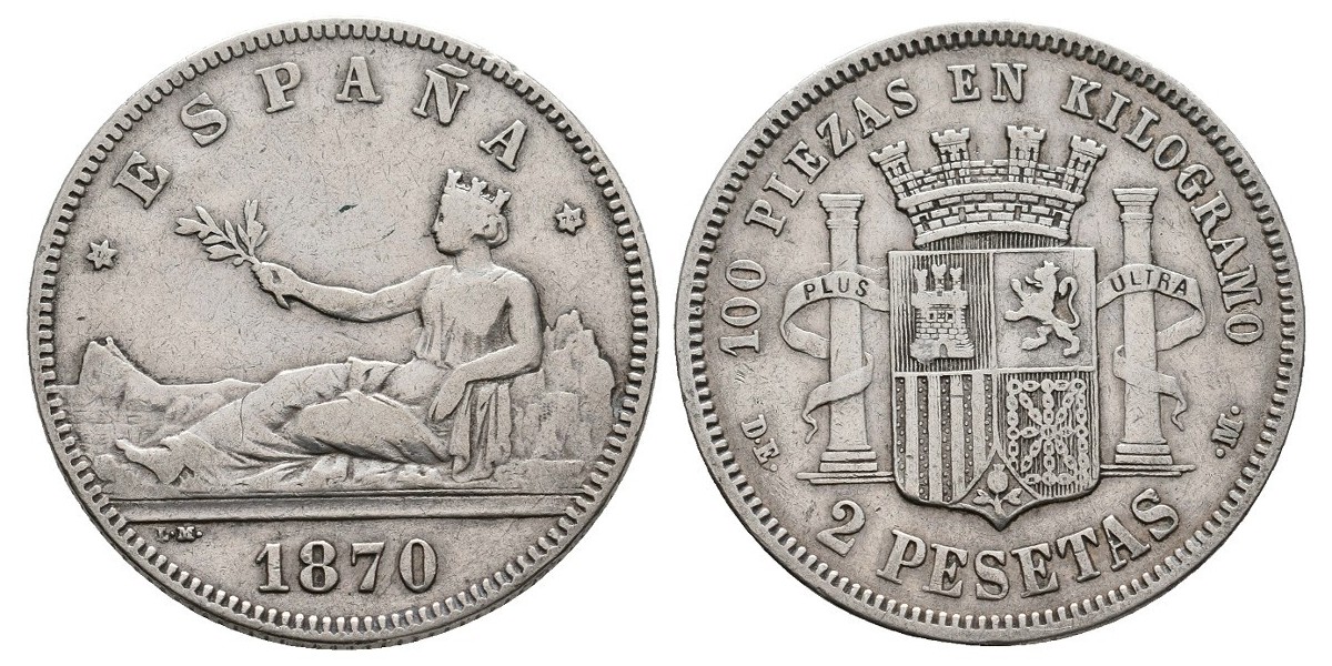 Gobierno Provisional y I Rep.. 2 pesetas. 1870*18-74. Madrid