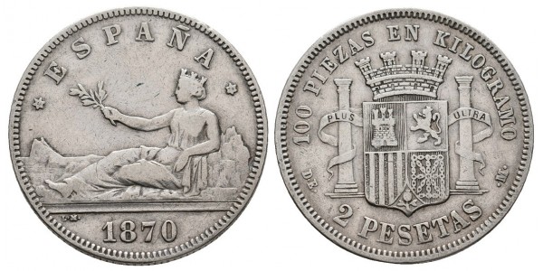 Gobierno Provisional y I Rep.. 2 pesetas. 1870*18-74. Madrid