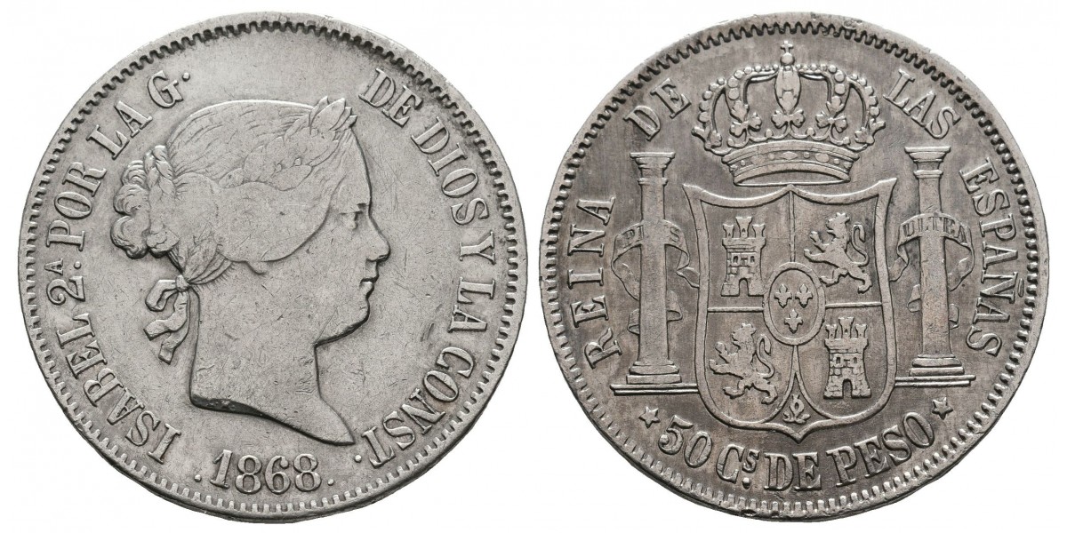 Isabel II. 50 centavos de peso. 1868. Manila