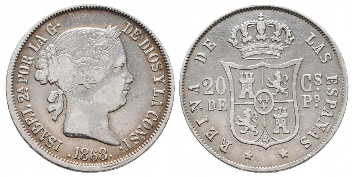 Isabel II. 20 centavos de peso. 1868. Manila
