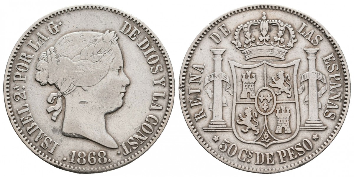 Isabel II. 50 centavos de peso. 1868. Manila
