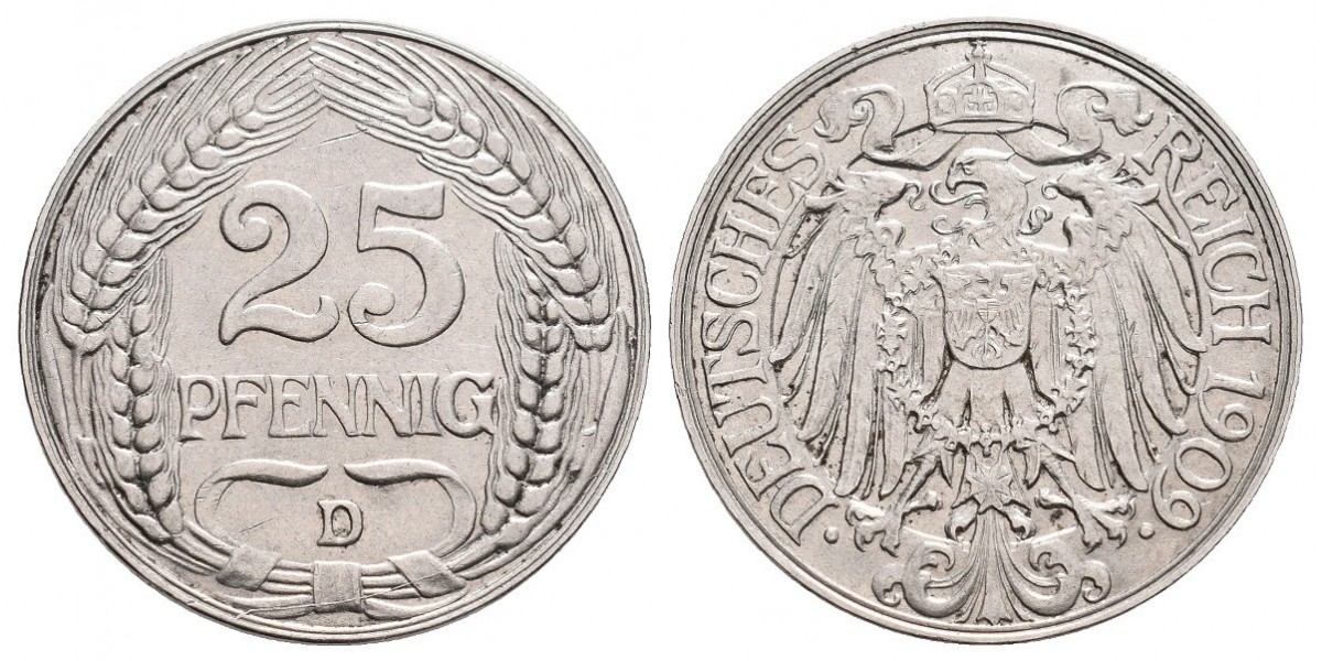 Alemania. 25 pfennig. 1909 D