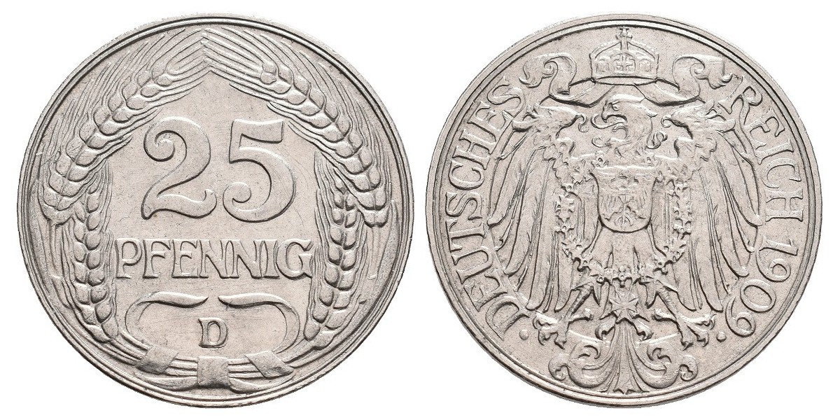 Alemania. 25 pfennig. 1909 D