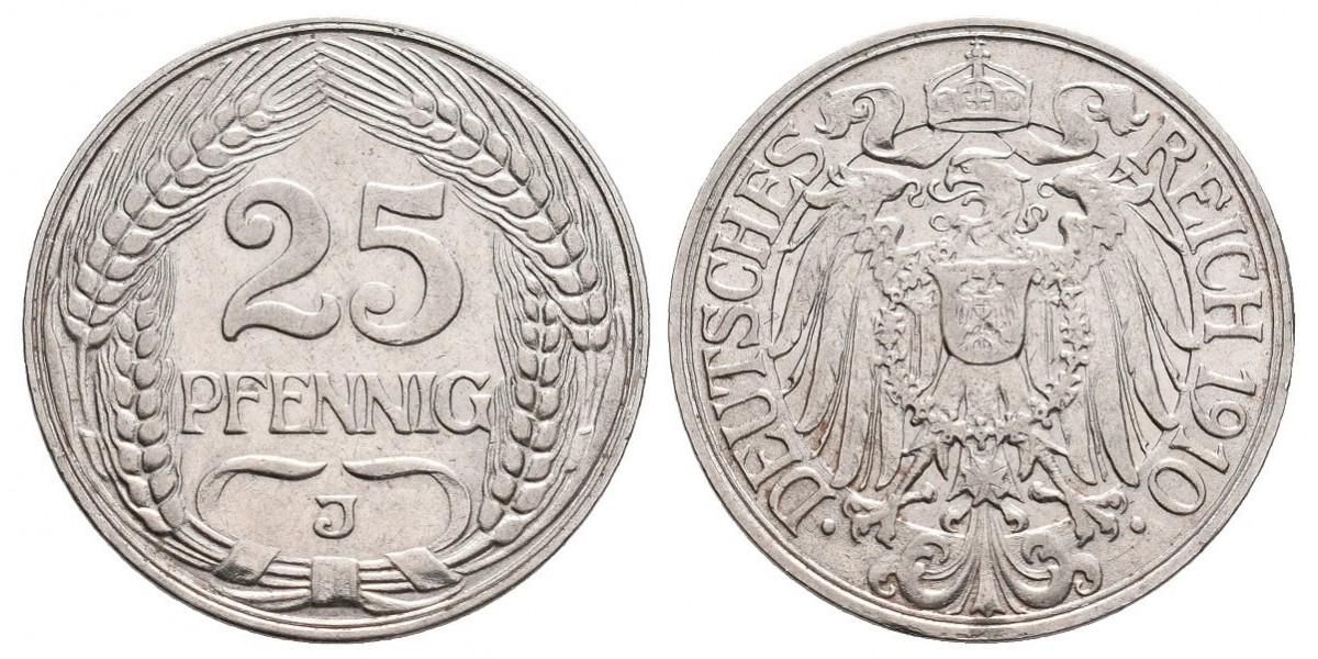 Alemania. 25 pfennig. 1910 J