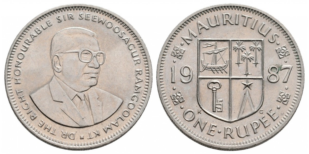 Mauricio. 1 rupee. 1987