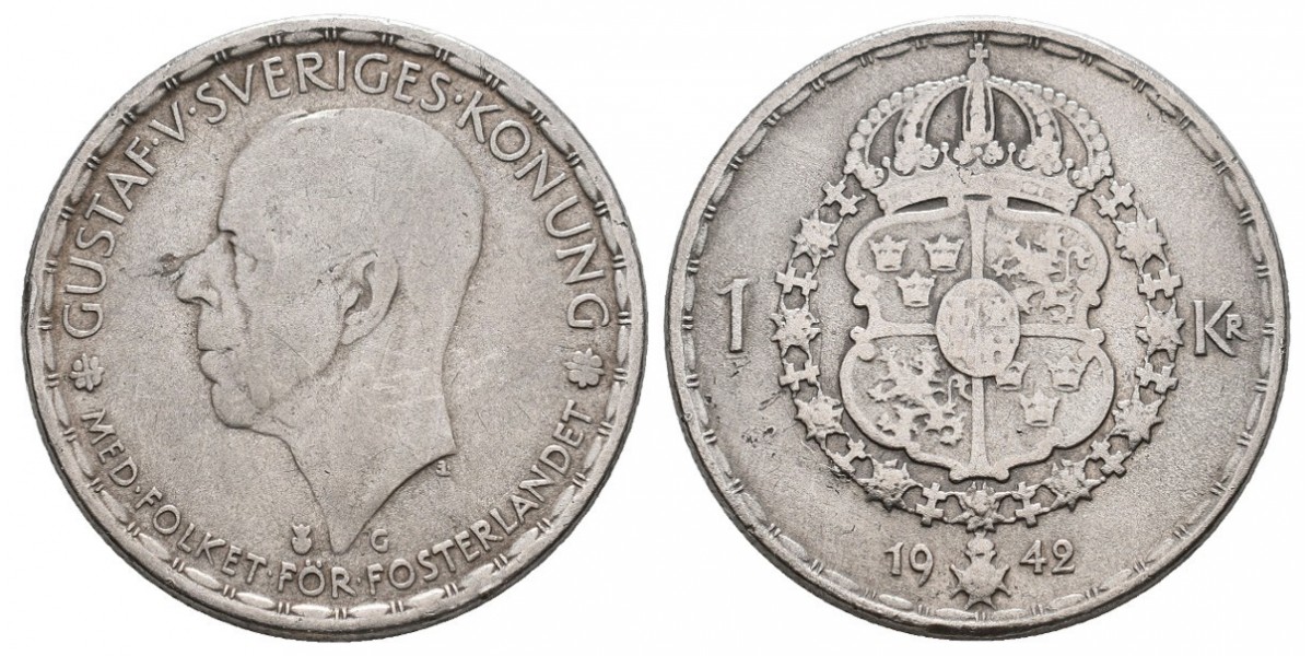 Suecia. 1 krona. 1942