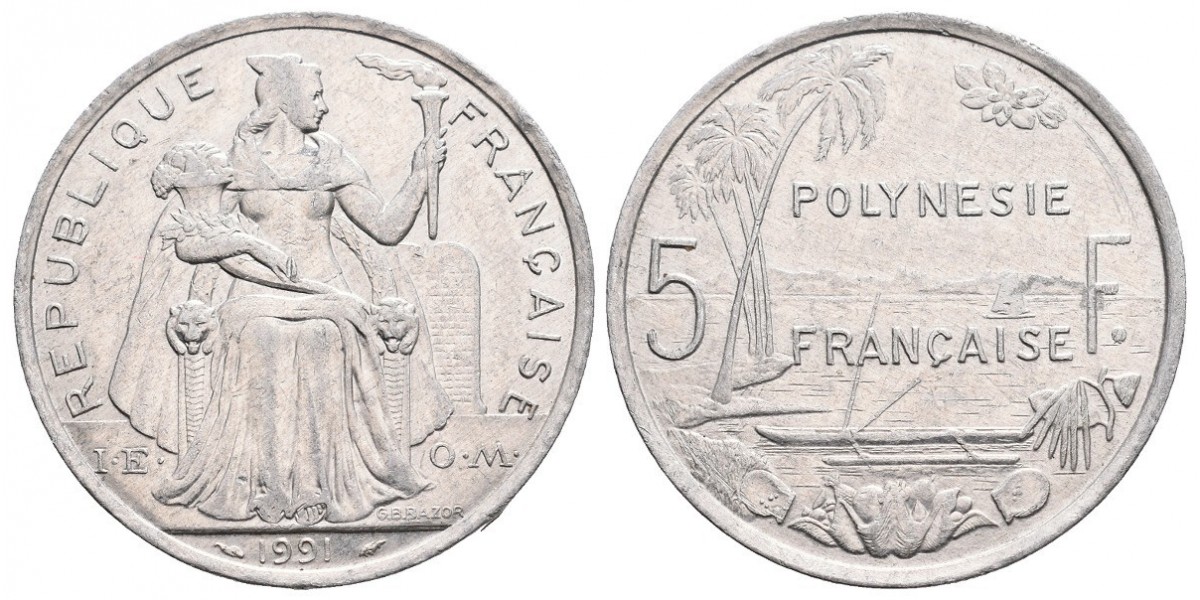 Polinesia. 5 francs. 1991