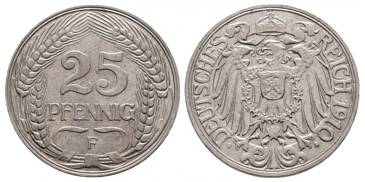 Alemania. 25 pfennig. 1910 F