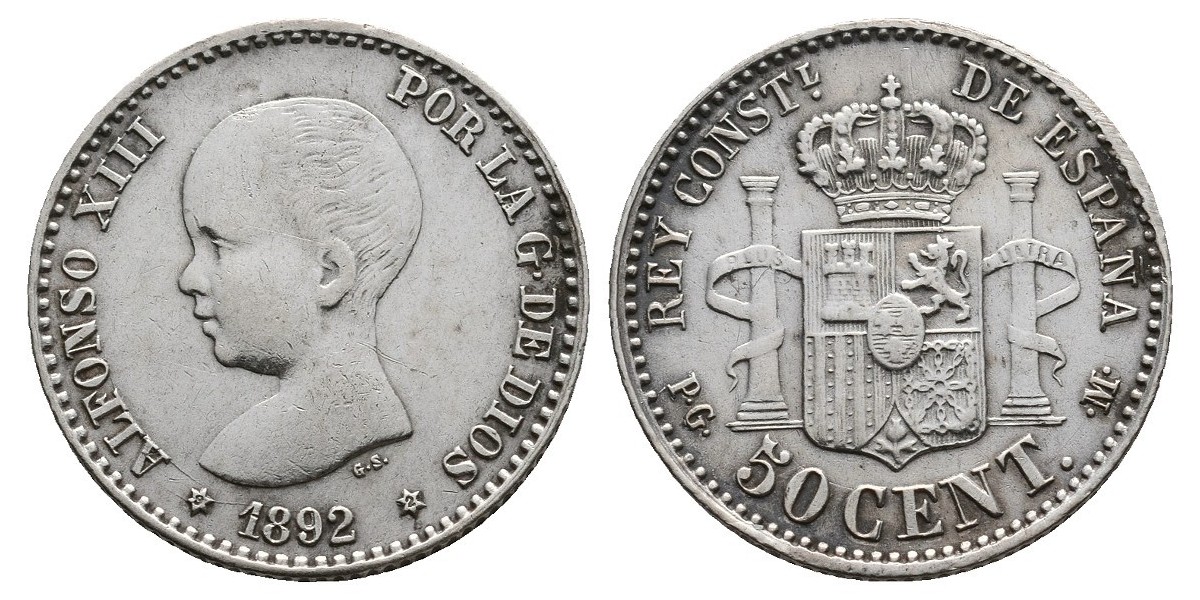 Alfonso XIII. 50 céntimos. 1892*9-2. Madrid