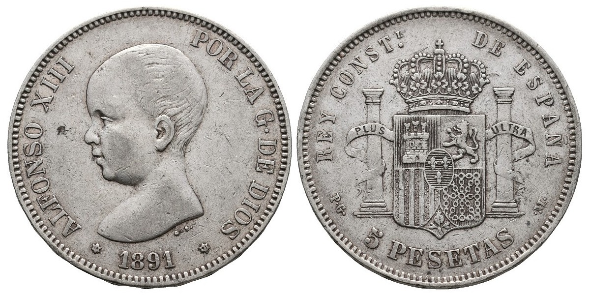 Alfonso XIII. 5 pesetas. 1891*18-91. Madrid
