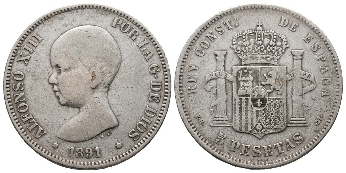 Alfonso XIII. 5 pesetas. 1891*-91. Madrid