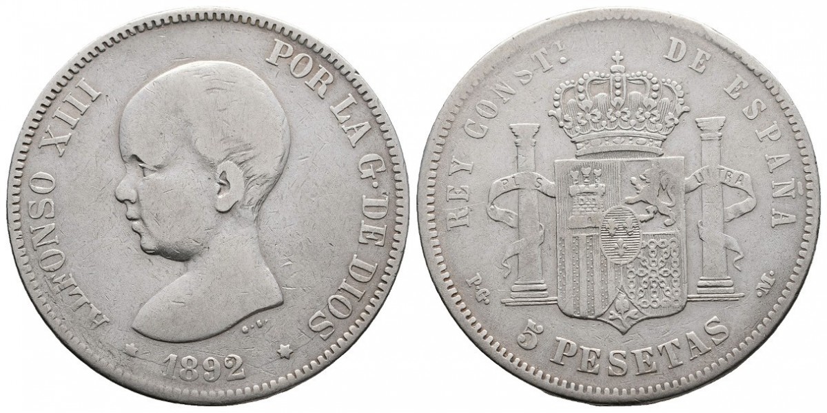 Alfonso XIII. 5 pesetas. 1892. Madrid